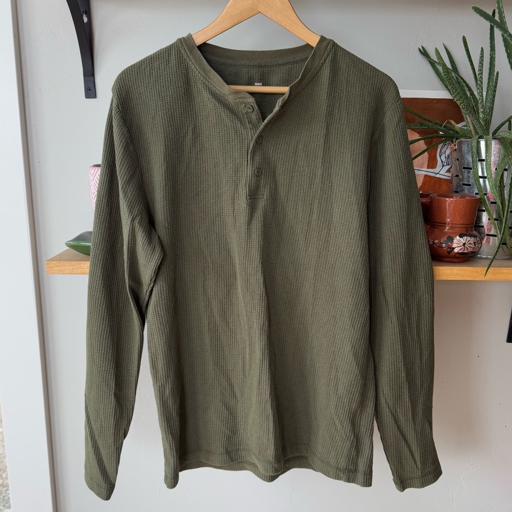 Joe Boxer Olive Green Thermal Henley Long Sleeve Tee Shirt Size Large
